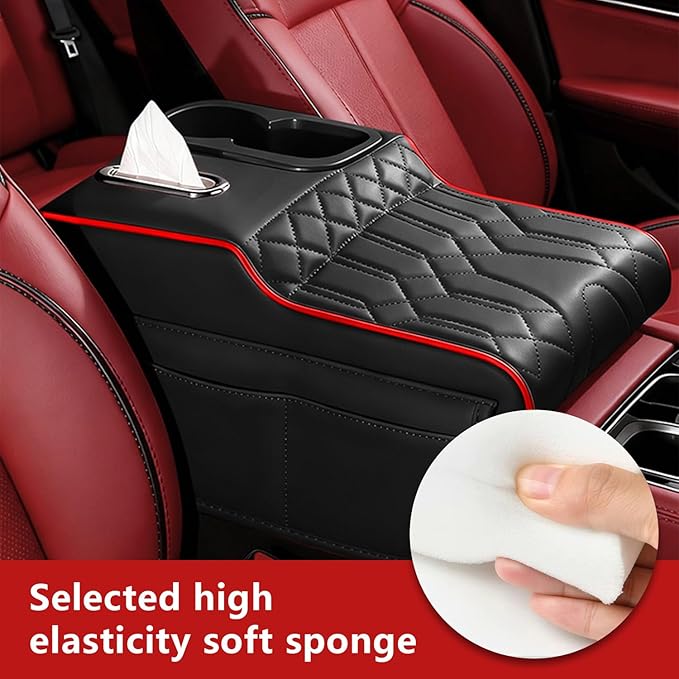 Upgraded Car Center Console Cover,PU Leather Car Armrest Cover Cushion Contains High Elasticity Sponge with 2 Storage Bags Tissue Box (Black RED-B)