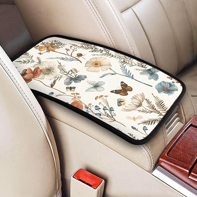 Universal Car Center Console Cushion Pad, Watercolor Flowers Botanicals Soft Waterproof Car Center Console Cover Auto Armrest Seat Box Cover Protector for Most Vehicle SUV Truck Car