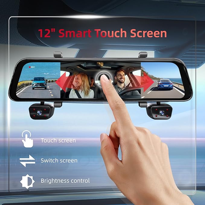 2026 4K Mirror Dash Cam 4 Channel, 12" Touch Screen Rear View Mirror Camera for Cars,4K+1080Px3 Dashcam Front Rear Inside, IR Night Vision,WiFi,APP,GPS, Voice Control,Free 128GB SD