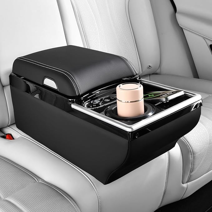 Coverado Center Console, Universal Bench Seat Center Console with Wireless Charging & Cup Holder & 7 Light Modes, Truck Back Seat Car Organizer, Rear Central Car Armrest Box with Storage, Black