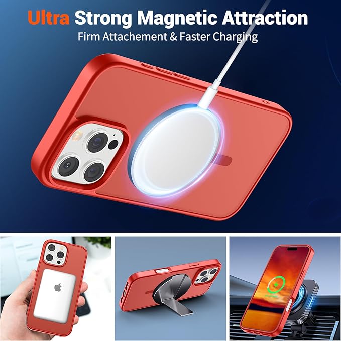 SUPFINE Magnetic for iPhone 16 Pro Case (Compatible with MagSafe) (Military Grade Drop Protection) Slim Translucent Matte Shockproof with Anti-Fingerprint Phone Case, Red