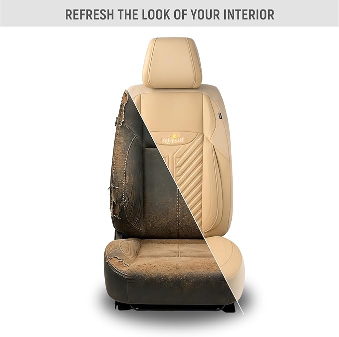 PU Leather Car Seat Covers Front Set – Waterproof seat Cover for Cars，3D Foam Support Automotive seat Covers ，Airbag Compatible, Universal Fit for Cars SUVs Trucks Sedans（Khaki）