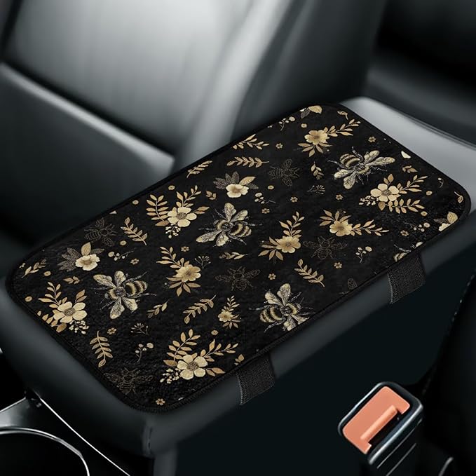Bee Flower Center Console Cushion Comfortable Elastic Car Arm Rest Cushion Pad Full Coverage Warm Armrest Cover Center Console Cushion Fit for Cars Truck SUV or Vans