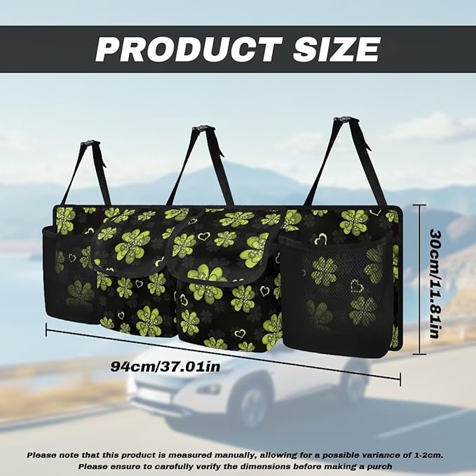 Green Heart Leaves Car Trunk Organizer St. Patrick Day Hanging Car Storage Bag with Lid Back Seat Car Organizer Space Saving Expert