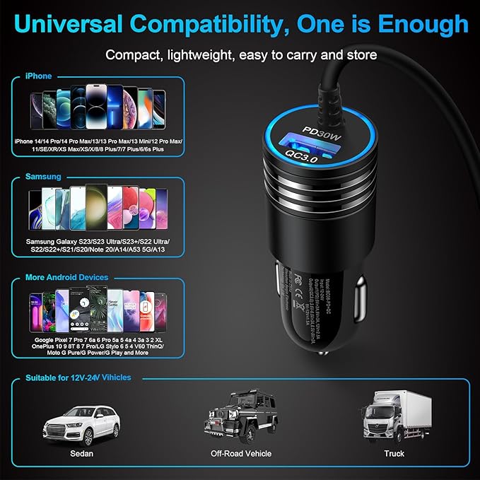 48W Super Fast Car Charger USB C Rapid Android Car Adapter with 30W Built-in Type C Fast Charging Cable for Samsung Galaxy S26 S25 S24 S23 Ultra S22 S21 S20 FE A16 A15 A14 A54 A53 A23 A13 Z Flip 7 6