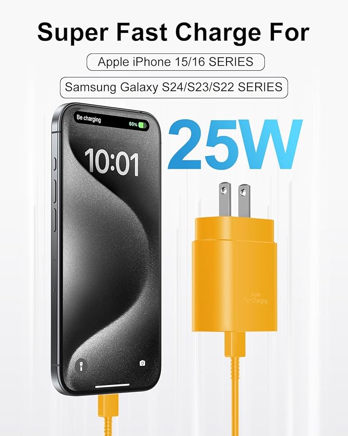 Type C Charger Fast Charging, 2Pack [10FT&6FT] Long USB C Cable with 25W Phone Super Fast Charger Block Compatible with Galaxy S25/S24/Plus/Ultra,iPhone 15/16/17/Air/Plus/Pro Max