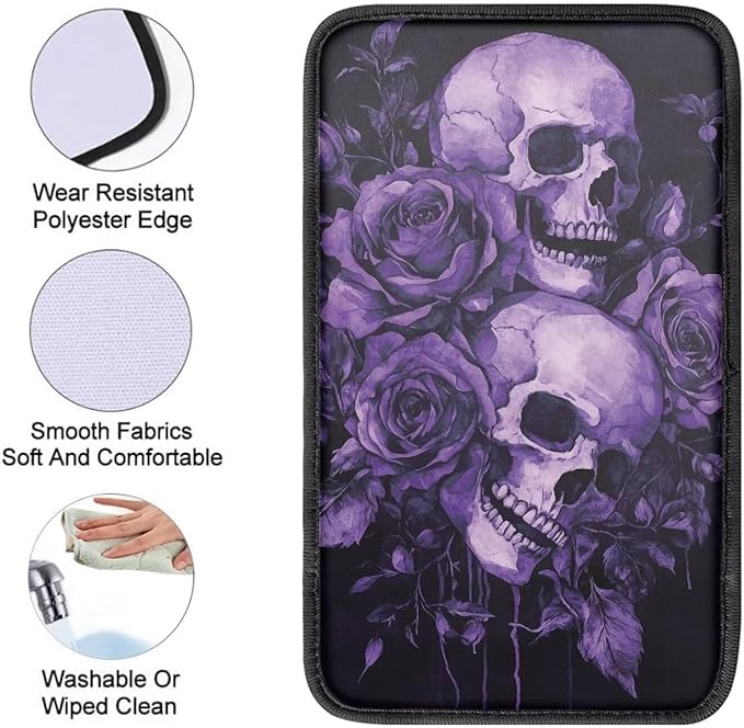 Dreaweet Purple Rose and Skull Print Center Console Cover Goth Car Accessories Middle Console Covers for SUV Sedan Non Slip Anti Scratch Arm Rest for Car Armrest Storage Box Mat