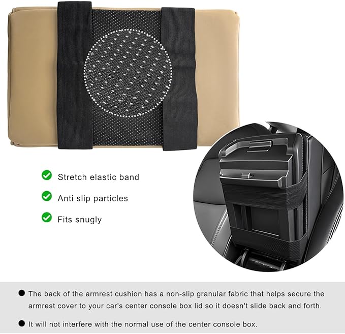 Car Center Console Armrest Pillow, 14"×8.3" Waterproof Leather Armrest Box Cover with Cup and Phone Holder, Soft Memory Foam Arm Rest Console Pad Protector for SUV Truck (Beige, Glossy)