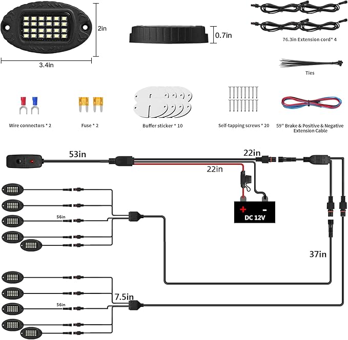 10 Pods Pure White LED Rock Lights, IP68 Waterproof Aluminum 6500K Bright White Underglow Light with Extension Cord Harness,12V Metal Fender Lights for Trucks Jeeps Off Road UTV ATV Car Golf RV Etc