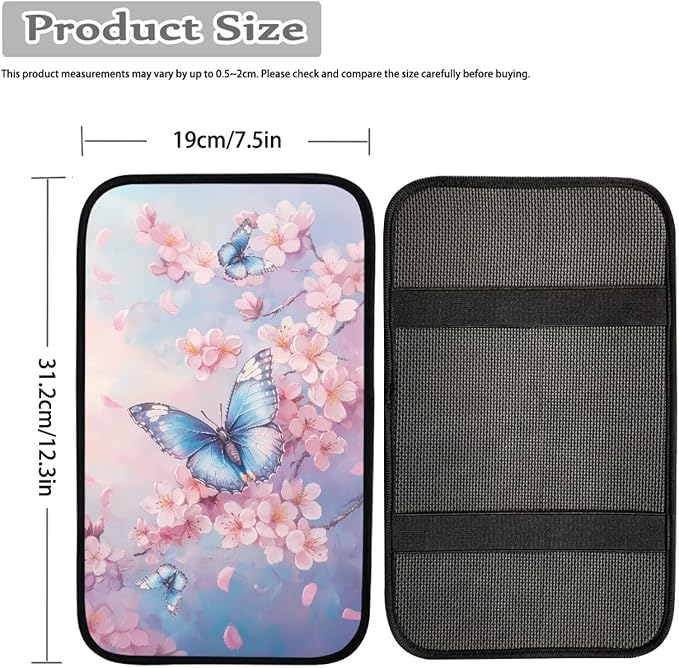 UNICEU Pink Flower Butterfly Car Center Console Armrest Cover for Women Cherry Blossom Auto Interior Decor Neoprene Armrest Box Protector Cover Pad, Scratch Proof Non Slip Automotive Armrest Pads