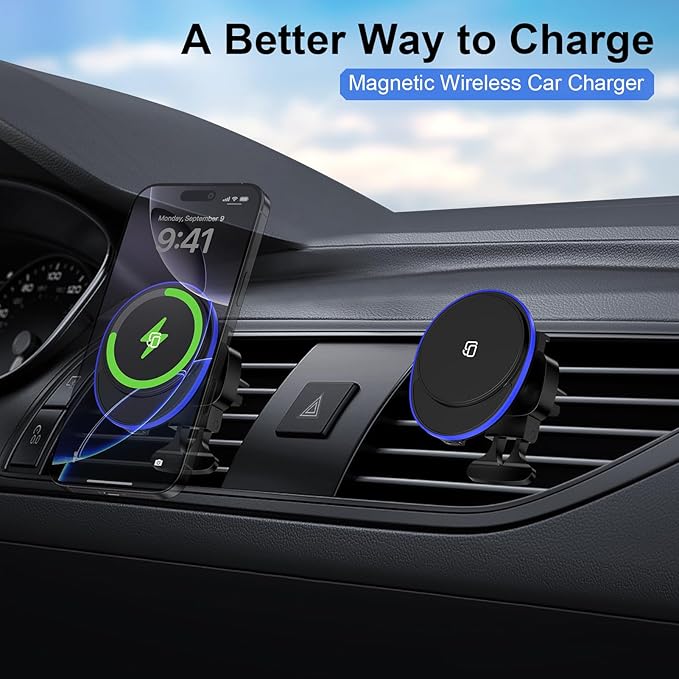 15W Magnetic Car Mount Wireless Charger for Samsung Galaxy S26 Ultra S25FE Z Fold7/Flip7 S24 S23Plus S22 S21 iPhone 17e 17 Pro Max 16e 16Plus 15,MagSafe Wireless Charger Air Vent Auto Car Phone Holder