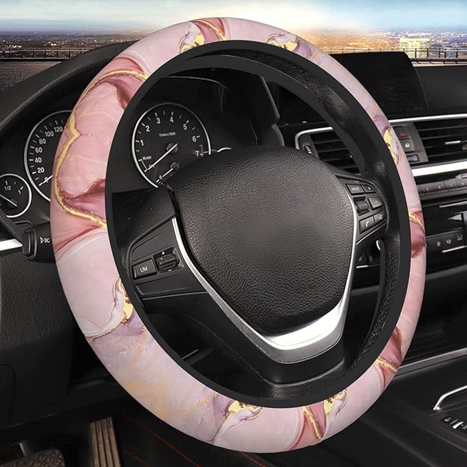 Gold Pink Marble Steering Wheel Cover Women Men Elastic Stretch Soft Car Wheel Protector Universal Breathable No-Slip Car Accessories for Truck Van SUV Auto Fit 14-15 Inches
