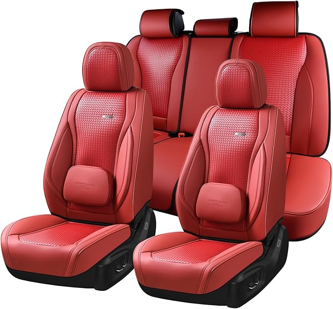 Coverado Car Seat Covers Full Set, Red Seat Covers for Cars, Waterproof Nappa Leather Automotive Seat Covers with Lumbar Head Pillow, Car Seat Protectors, Universal Fit for Most Cars SUV