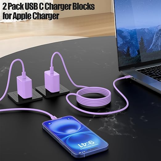 USB C Fast Charger for iPhone 17/ Air/16/15 Pro Max,2Pack 10FT Type C Charger Block & Cable, PD 3.0 Super Fast Charging for iPad Pro MacBook Air/Pro M1/M2, AirPods-Purple