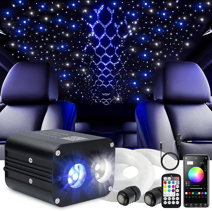 Starlight Headliner Kit,Twinkle + Music Sync Dual Color Fiber Optic Star Ceiling Lights with APP Remote Control, RGBW Star Lights for Car/Home Ceiling Decor, 900pcs 9.8ft