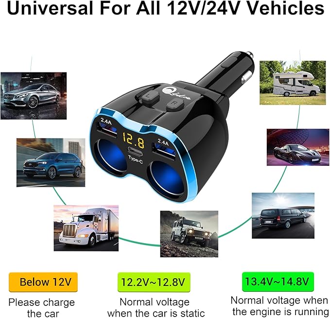 Cigarette Lighter Splitter: USB C 12V Car Charger Adapter 2 Socket Type C Multi 12 Volt Power Outlet 24V DC 80W with LED Voltmeter Switch 6.3A Dual USB Port for Mobile Cell Phone GPS Dash Cam