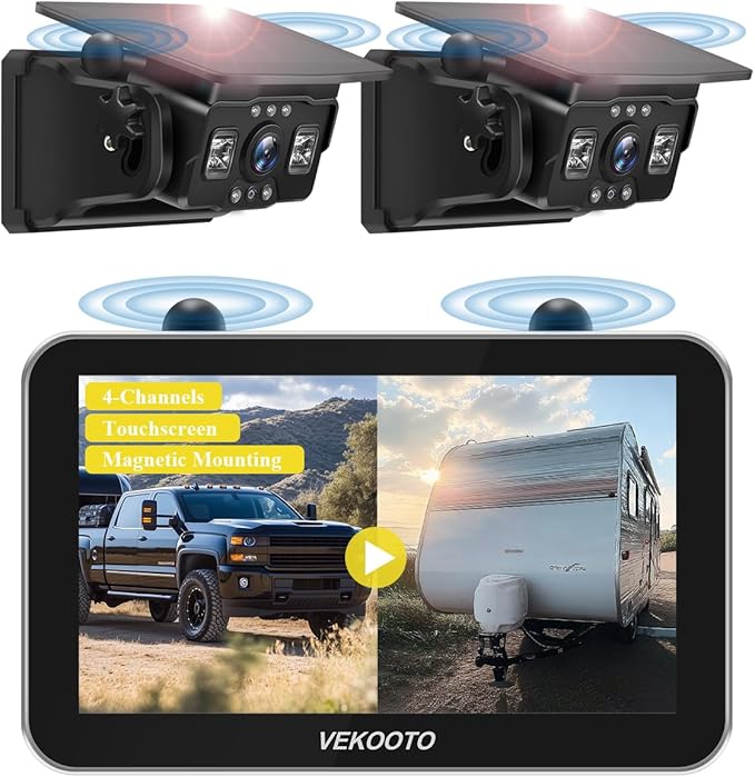 VEKOOTO VK7Pro 2 Magnetic Solar Wireless Backup Camera with 7'' IPS Touchscreen, 15,800mAh Rechargeable, No Wiring, HD1080P Night Vision Wireless Backup Camera for Trucks, RV, Trailer, Camper
