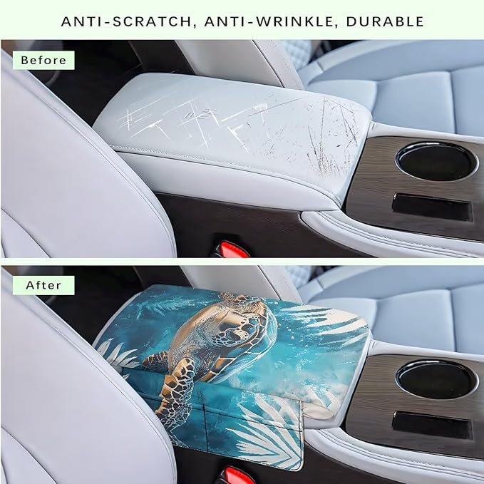 Center Console Armrest Cover for Car, Turtle Print Armrest Cushion Cover Pad with 4 Pockets, Car Accessories Fit for Sedan, Truck, SUV Soft Car Armrest Cover