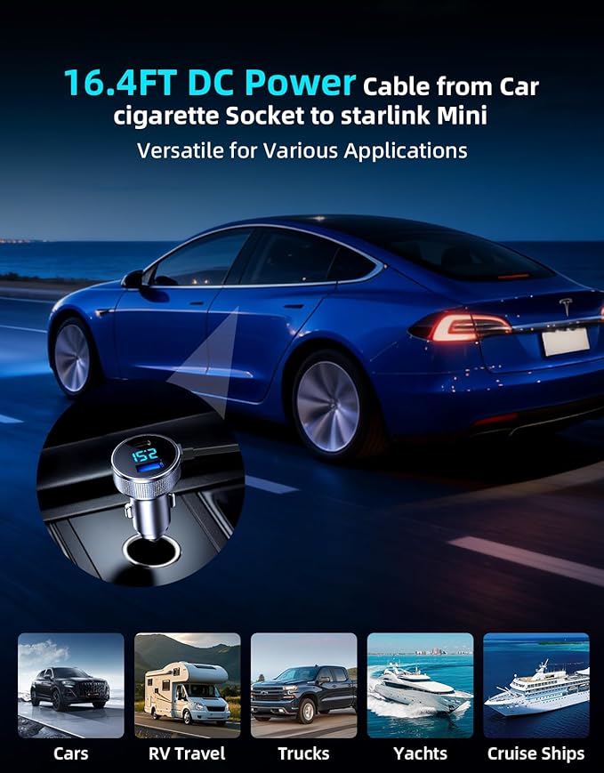 Starlink Mini Cable, 3 in 1 Starlink Mini Car Adapter DC Power Cable and Cigarette Lighter Adapter 12V-48V with Voltage Display, Durable USB-C PD 45W and USB-A 35W Ports，Suitable for Cars（16.4FT）