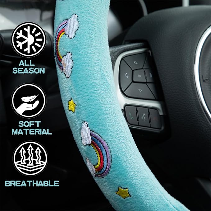 Embroidered Rainbow Cute Blue Steering Wheel Cover, Auto Anti-Slip Breathable Steering Wheel Protector,Rainbow Car Accessories for Women,Universal Size Fit Most Cars -15 inch