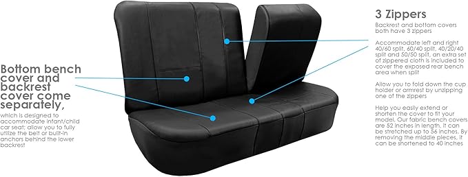 FH-PU002-1010 Classic Exquisite Leather Bench Seat Covers, Split Bench, Solid Black color
