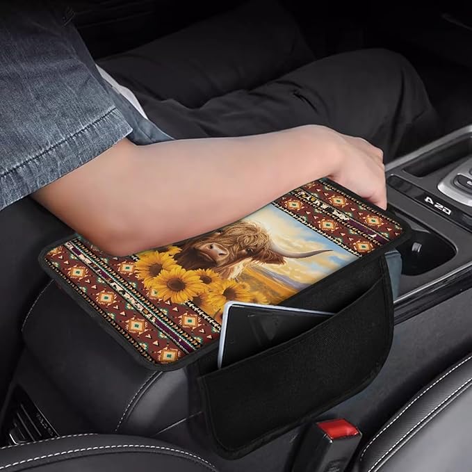 Aztec American Tribal Print Car Armrest Cover Cattle Sunflower Design Middle Console Cover Breathable Vehicle Armrest Cover Pad Armrest Seat Box Cover Protector