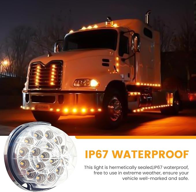 2PCS 17-LED Dual Revolution Watermelon Lights, Red Turn Signal & White Auxiliary with Clear Lens & Stainless Steel Bezel for Freightliner, Peterbilt, Heavy Trucks & Trailers