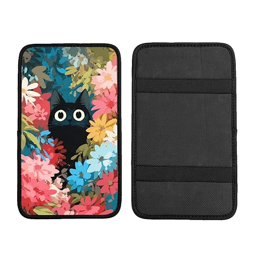 Black Cat Big Eyes Colorful Flowers Car Auto Armrest Cushion Cover Accessories Center Console Seat Box Pad Protector Universal Decoration for Most Vehicle SUV Truck