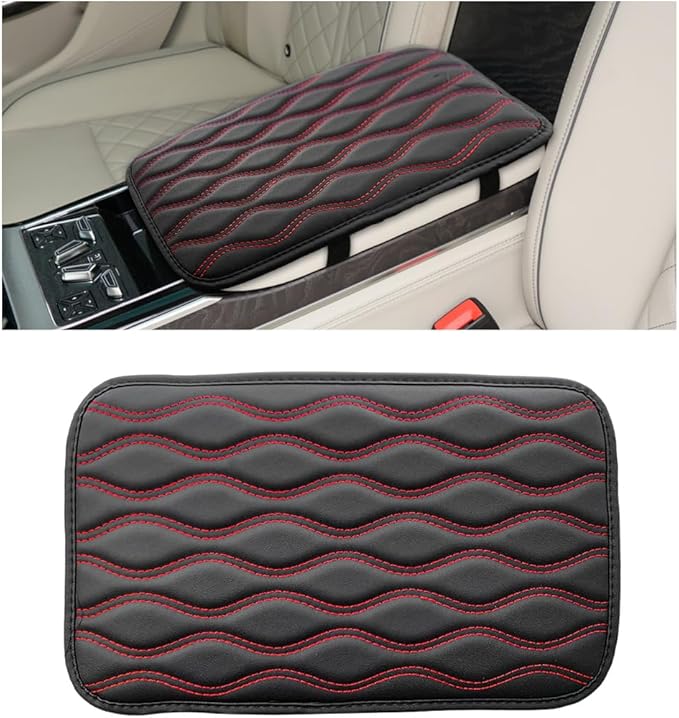 Car Center Console Cushion Pad, 12.48×7.40 Inches Waterproof Car Armrest Seat Box Cover, Comfortable PU Leather Vehicle Armrest Cover Protector, Car Decor Interior Accessories (Black＋Red)