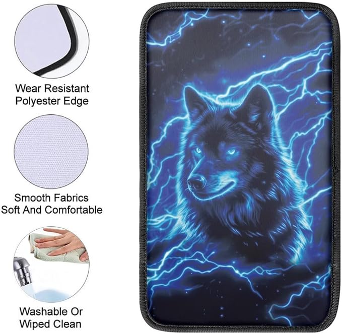 Lightning Wolf Car Center Console Cushion Pad Decorative Non Slip Armrest Box Cover Center Console Pad Blue Wolf Automotive Interior Decoration for Truck Sedan SUV