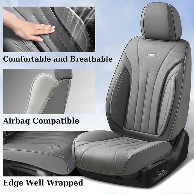 Coverado Car Seat Covers Full Set, Luxury Nappa Leather Seat Covers, Waterproof Seat Cover for Cars, Front and Rear Seat Cover Car Seat Protector, Automotive Seat Cover Universal Fit Most Cars(Gray)