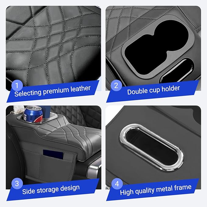 Upgraded Car Center Console Cover,PU Leather Car Armrest Cover Cushion Contains High Elasticity Sponge with 2 Storage Bags Tissue Box (Black-A)
