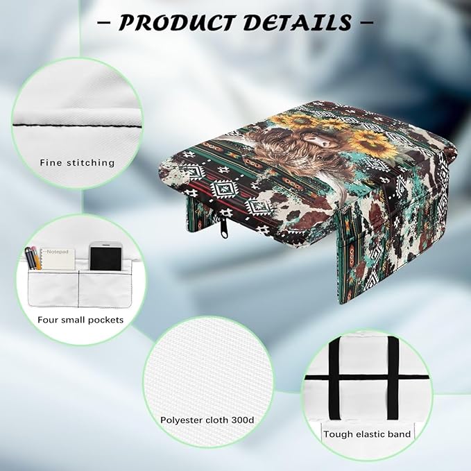 Wanyint Aztec Highland Cow Sunflower Car Center Console Cover Soft Armrest Cover Protector Wear-Resistant Non-Slip Middle Console Pad Protective Cover for Car Storage Box Universal Fit