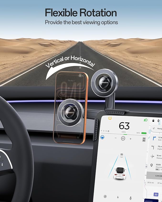 Upgraded MagSafe Tesla Phone Mount for Model Y Juniper & Model 3, No Adhesive ＆ Rock-Solid Stability Screen Clamp Phone Holder, 360° Adjustable, Compatible with All Phones, Tesla Accessories