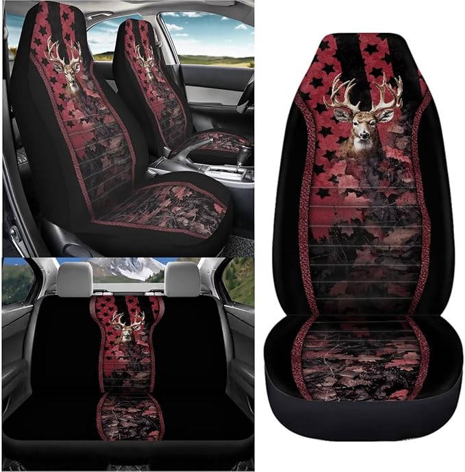 KEIAHUAN Universal Front and Bench Seat Covers American Flag Camo Deer Hunting Car Seat Cover Auto Accessories for Most Sedans,SUVs,Truck,Vans