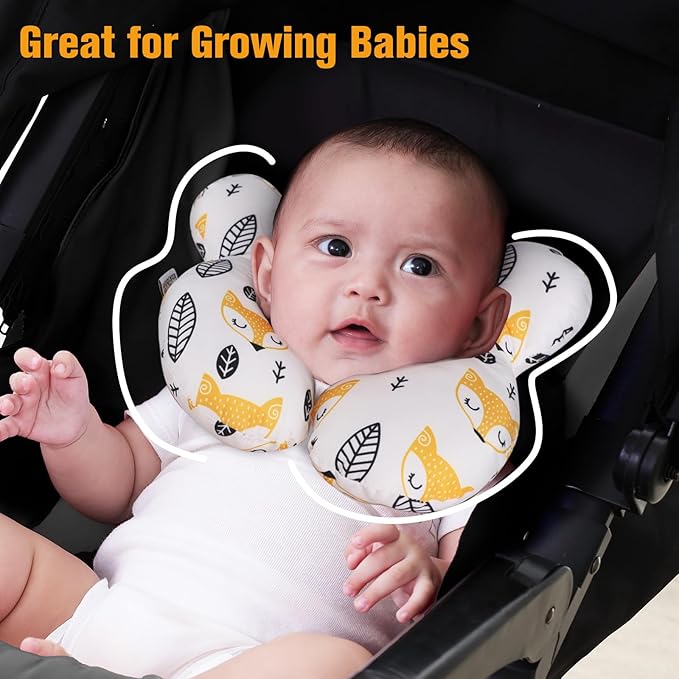 KAKIBLIN Baby Neck Pillow, Upgraded Baby Support Pillow for Head and Neck, Babies Head Pillow for Car Seat, Stroller, Pushchair,Travel(Yellow Fox)