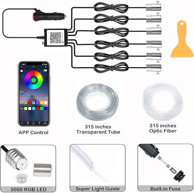 DEHERANE Interior Car LED Strip Lights, RGB 6 in 1 Ambient Lighting Kits with 315 inches Fiber Optic, 16 Million Colors APP Wireless Control Car Neon Lights, with Music Sync Function