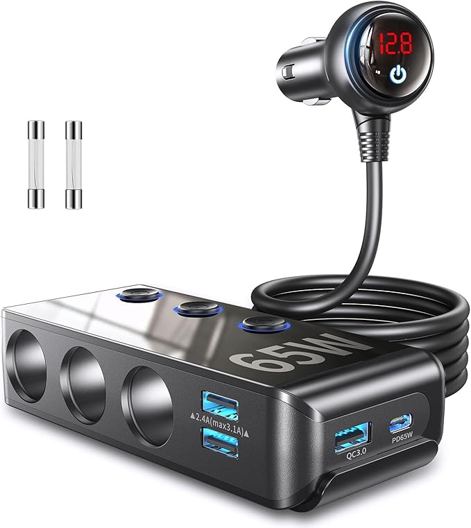Cigarette Lighter Adapter,Cigarette Lighter Splitter 3-Socket with PD 65W Port 8.5A 4 Car USB Charger Multi Port 120W 24V/12V Splitter DC Outlet with Voltage Display, Car Accessories