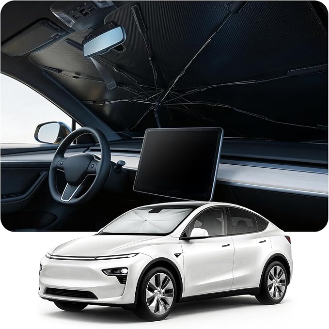 Windshield Sun Shade Umbrella for Tesla Model 3 & Model Y Accessories 2017-2026, UV Block Model Y Sunshade for Car Windshield, Heat Shield Model 3 Sunshade for Front Windshield Car Shade.
