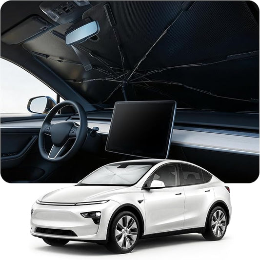 Windshield Sun Shade Umbrella for Tesla Model 3 & Model Y Accessories 2017-2026, UV Block Model Y Sunshade for Car Windshield, Heat Shield Model 3 Sunshade for Front Windshield Car Shade.