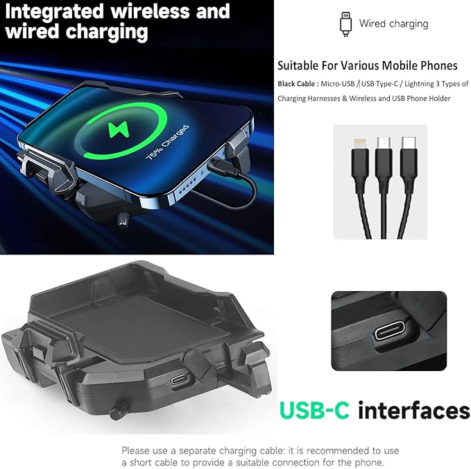 Motorcycle Phone Mount with 15W Wireless Charger & USB-C Fast Wired Charging Port, Waterproof Cell Phone Holder GPS Navigation Bracket for BMW R1200GS R1250GS ADV S1000XR F750GS F850GS