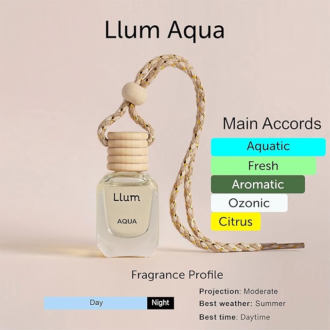 Llum Aqua Hanging Car Air Freshener – Luxury Automotive Perfume Diffuser 10ml (0.34 fl oz), Long-Lasting Fragrance, Alcohol-Free Non-Toxic Car Scent, Glass Bottle With Wood Cap & AC Vent Clip