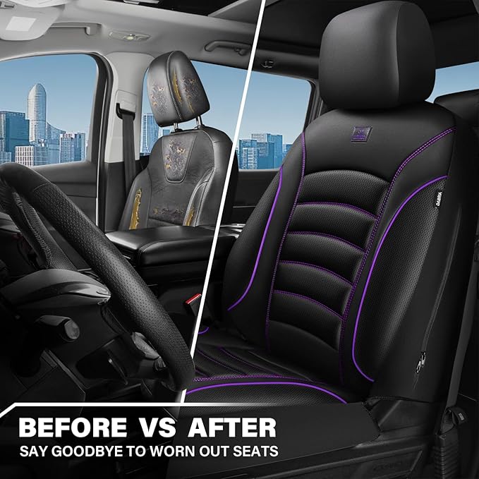 CAR PASS 3D Foam PU Leather Car Seat Covers, Universal Seat Covers Front 2 for Trucks SUV Sedan Automotive Seat Covers Armrest Airbag Compatible Waterproof Comfortable Faux Nappa Leather Black Purple