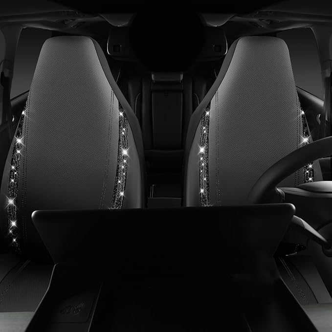 CAR PASS Leather Car Seat Covers High Back Bucket Bling Diamond Front Seats, Waterproof Universal Shining Glitter Crystal Sparkle Fit Model 3 Tesla Model Y, Truck SUV Cute Women Girl, Black Rhinestone