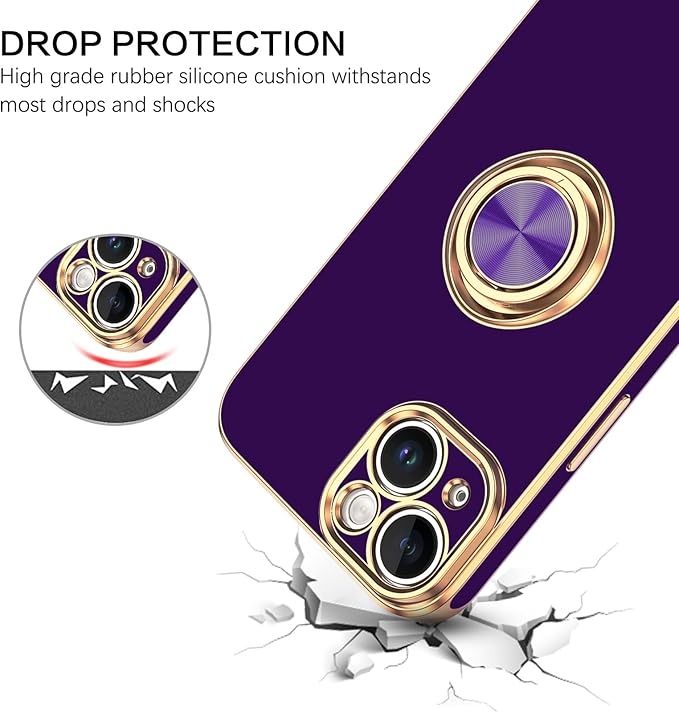 VENINGO Compatible with Apple 14 Case,Phone Case for 14,Slim Fit Soft 360° Ring Holder Kickstand Magnetic Car Mount Supported Easy Clean Shockproof Protective Cover for Apple 14 6.1", Deep Purple