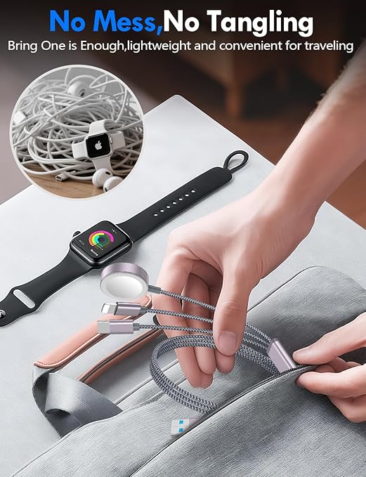 1Pack Multi Charging Cable Cord for Travel Essentials,Apple Watch Charger,iPhone Charger,[3-in-2] Type C/L Cable Portable Designed for iWatch,iPhone 17-8,Galaxy S25-21,AirPods,iPad-1.8M Gray