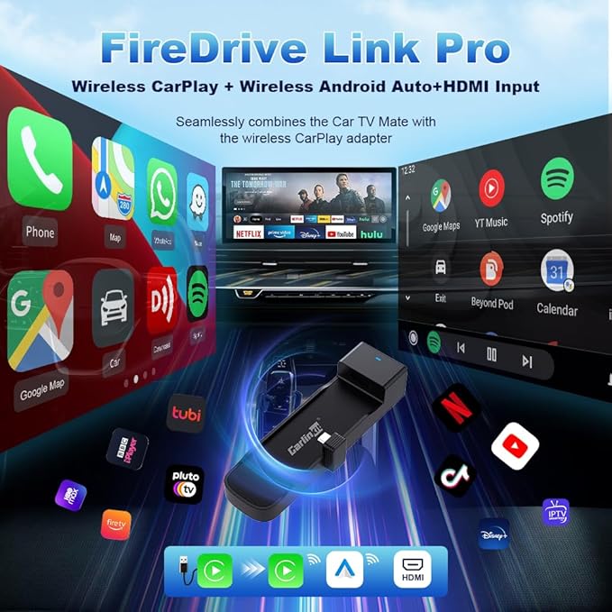 Carlinkit FireDrive Link Pro Car TV Converter, Wireless CarPlay Adapter with HDMI for Fire TV Stick Streaming, Convert Wired CarPlay to Wireless Android Auto & Apple CarPlay Dongle, Plug & Play