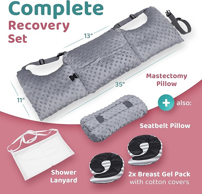 Zomaple Mastectomy Recovery Pillow with Strap, Swirly Gel Pack, Seat Belt Cover & Shower Lanyard – Post-Op Essentials, Breast Augmentation/Reduction & Recovery Supplies – Washable Cover for Comfort