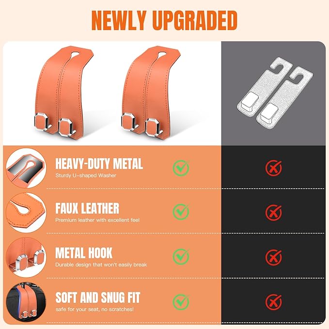 2PCS Car Hooks for Headrest, Faux Leather Purse Hook for Car Seat Back Organizers and Storage, Double Metal Purse Holder Bag Hanger, Universal Car Interior Accessories for Women Man