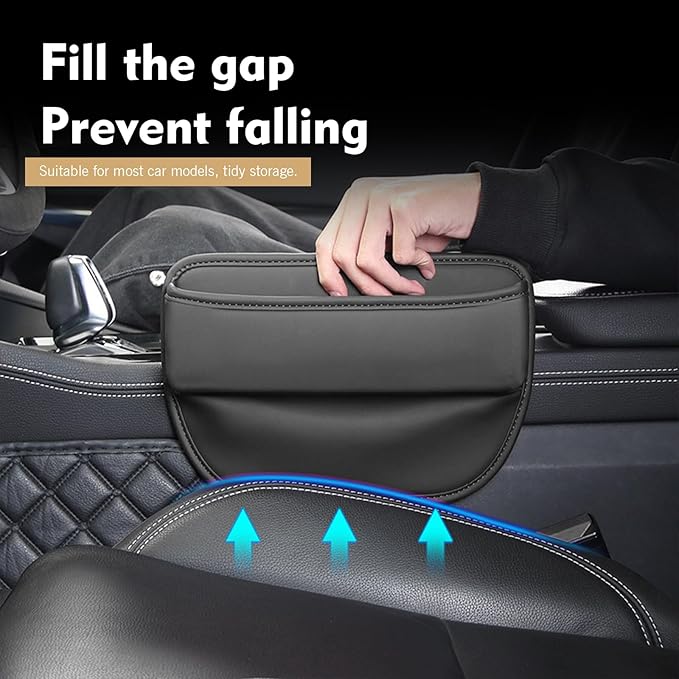 Car Seat Gap Filler Organizer, Waterproof Anti-Slip Leather Front Seat Side Storage Bag for Phones, Keys, Glasses, Cards, Universal for Most Cars (Black)
